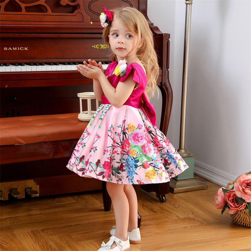 Satin Dress with Open Back and Bow for Little Girls - Pink