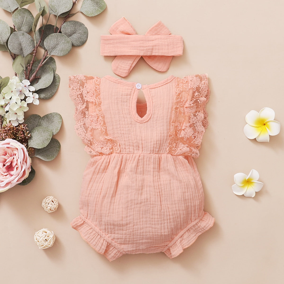 Newborn Baby Girl Plain Soft Lace Flared Sleeve Summer Bodysuit  with Headband - Pink