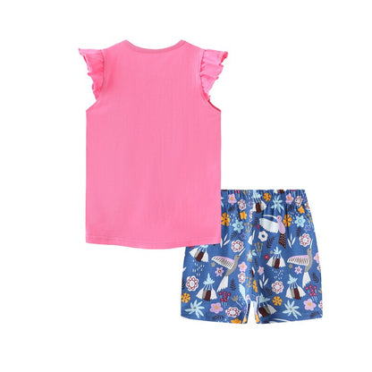 Summer 2pcs Cartoon Animal Print Baby Girls Clothing Sets - Pink