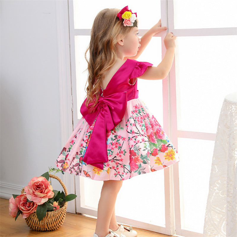 Satin Dress with Open Back and Bow for Little Girls - Pink