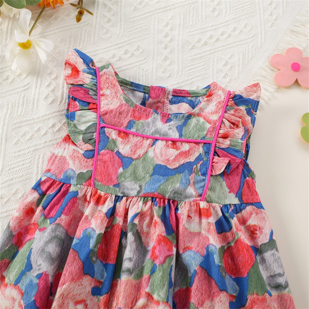 Summer Baby Dress with Personalised Oil Painting of Wind Blossom and Ruffle Edge Cotton Sleeveless Dress - Pink