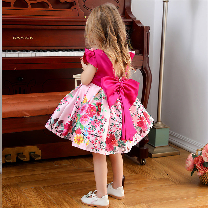 Satin Dress with Open Back and Bow for Little Girls - Pink