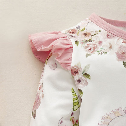 Little Girl Cotton Blend Unicorn Print Long Sleeve Jumpsuit - White