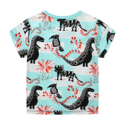 Boys Summer Cartoon Dinosaurs Cotton T-shirt - Blue