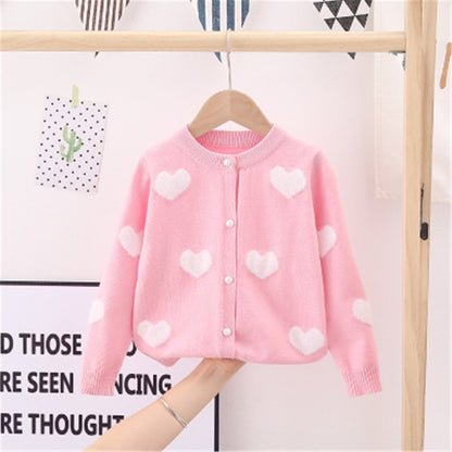 Girls Fluffy Heart Print Long Sleeve Knitted Cardigans - Pink, Red, White.
