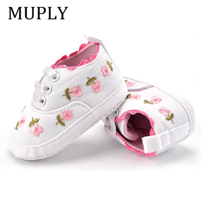 Lace Soft Shoes with Non-Slip Soles and Floral Embroidery for Baby Girls