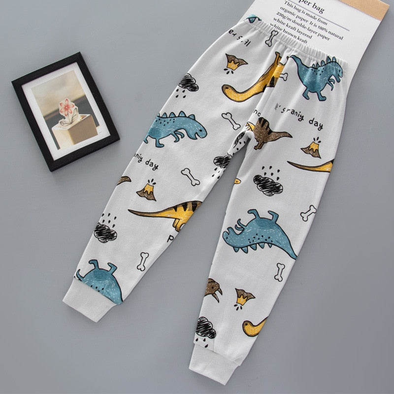 Children's Full Length Cartoon Sports Pants - White with Cars & Dinos Print