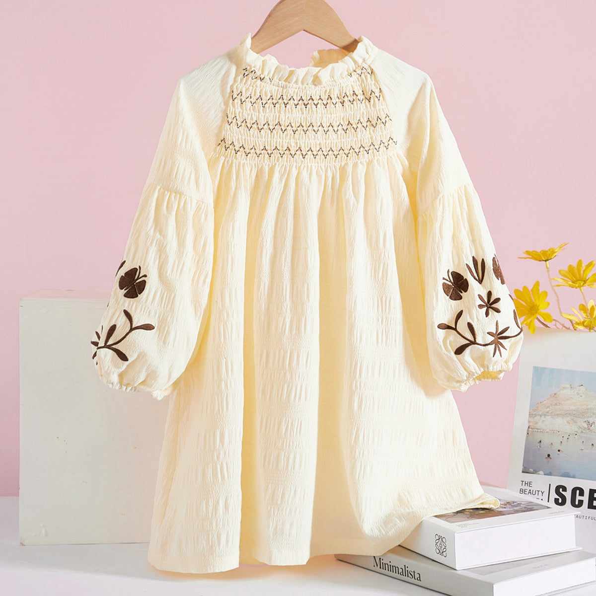 Kids Party Long Sleeve Elegant Dress - Beige, White