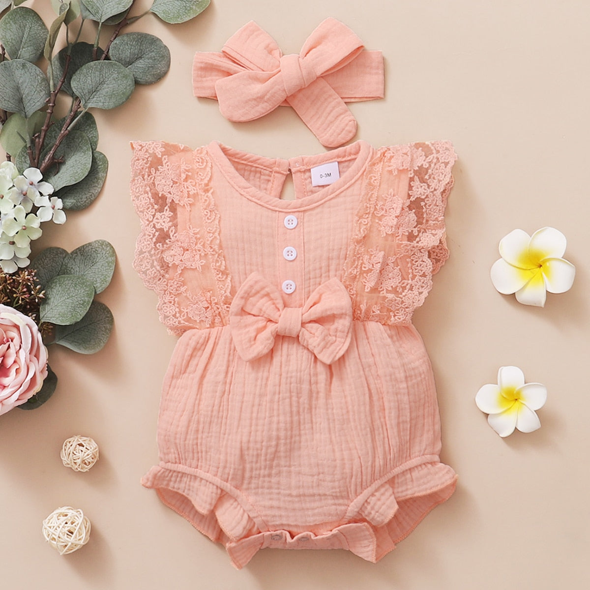 Newborn Baby Girl Plain Soft Lace Flared Sleeve Summer Bodysuit  with Headband - Pink