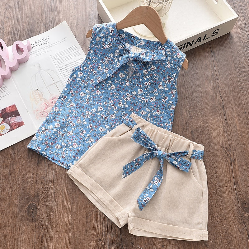 Girls' Summer Cotton Two-Piece Sets - Blue, Pink