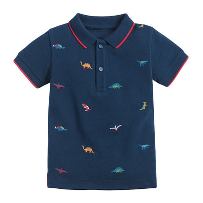 Soft Cotton Polo Shirt with Dinosaur Print - Navy
