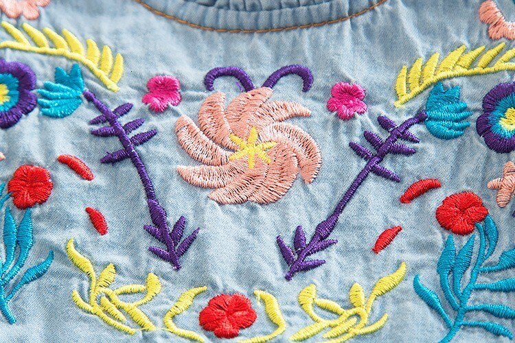 Girls Sleeveless Embroidered Denim Casual Dress - Blue