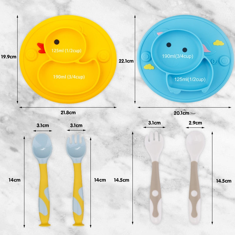 Anti-slip Baby Dishes of Food Grade Silicone Plate for Toddlers, Self-Feeding Suction - Grey, Yellow, Blue, Pink, Cyan