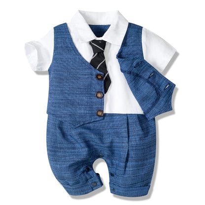 Boys' Summer Cotton Party Suit with Buttons and Tie - Patchwork, Striped