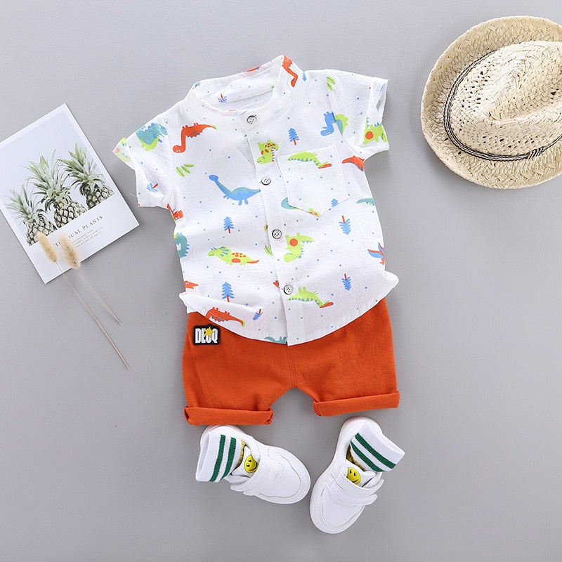 Baby Boy Cartoon Dinosaur Print Short Sleeve Outfit, Shirt and Pants - White, Beige, Orange