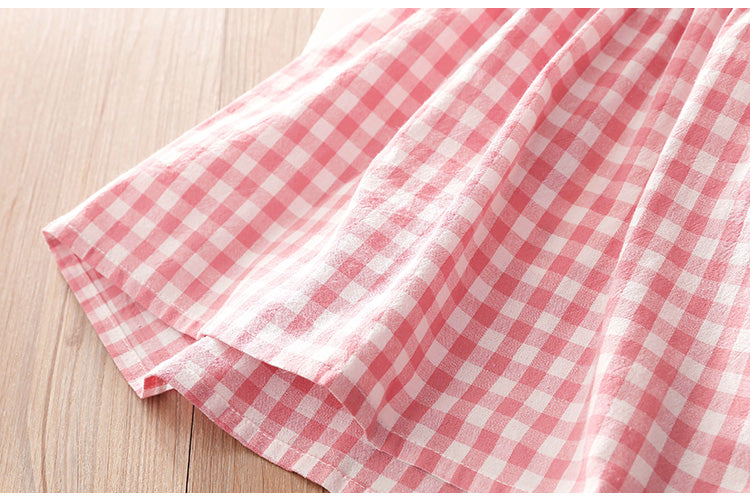 Summer Plaid O-Neck Flying Sleeve Backless Cotton Dress For Baby Girls - Pink, Blue