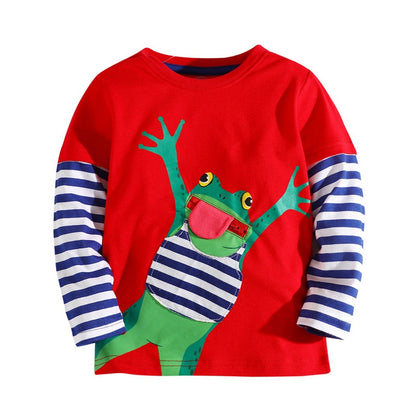 T-Shirt with Long Striped Sleeve Appliqué Frog for Boys 2-12Y - Red