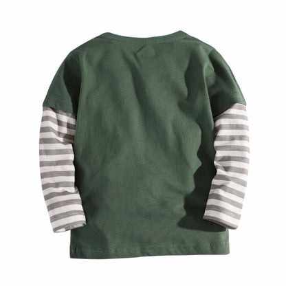T-Shirt with Long Striped Sleeve Appliqué Frog for Boys 2-12Y - Olive
