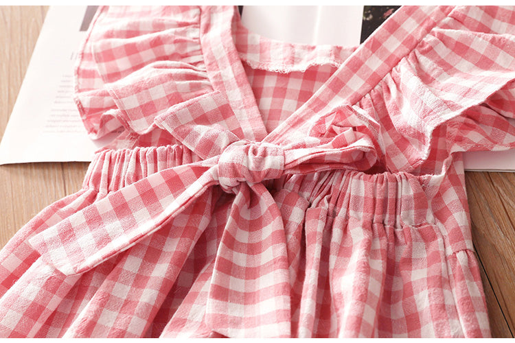 Summer Plaid O-Neck Flying Sleeve Backless Cotton Dress For Baby Girls - Pink, Blue