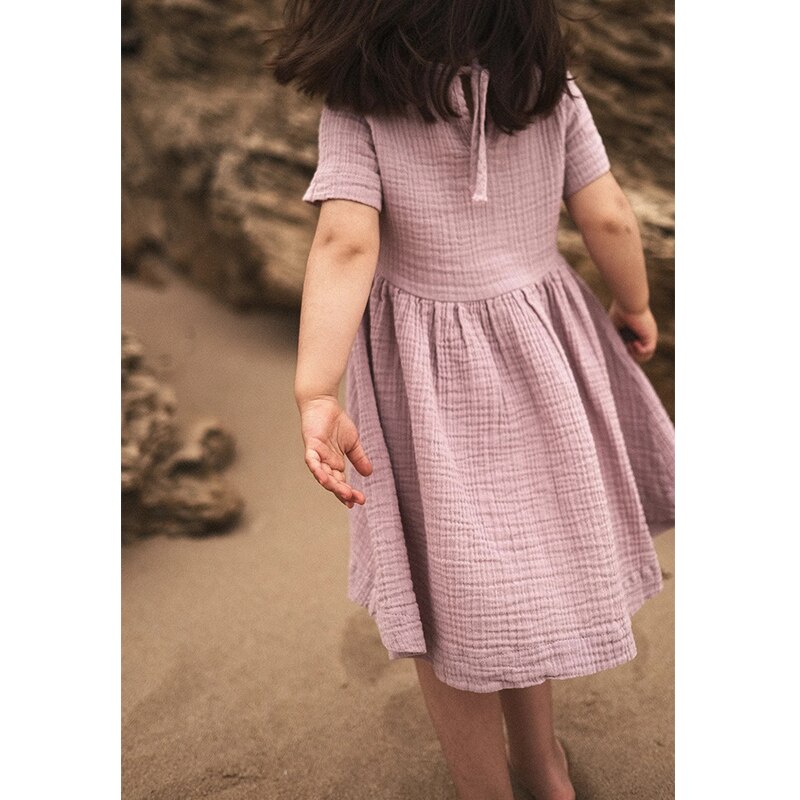 100% Cotton Retro Style Short Sleeve Casual Loose Summer Dress - Light Purple, Rust Red, Navy Blue, Purple