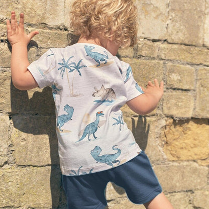 Summer Baby Boys Dinosaurs Print Clothing Cotton Set of 2 Pcs, Top + Shorts - White Printed