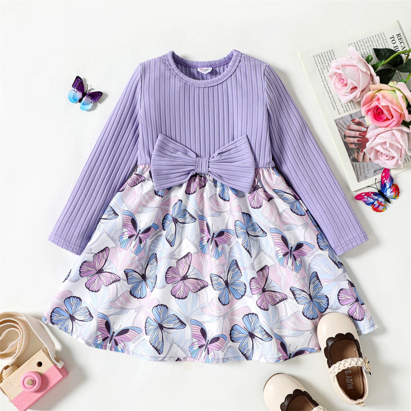 Ribbed Mesh Butterfly Print Long Sleeve Dress - Purple