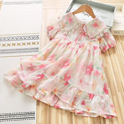 Fashion Baby Girl Short Sleeve Flower Print Summer Dress - White