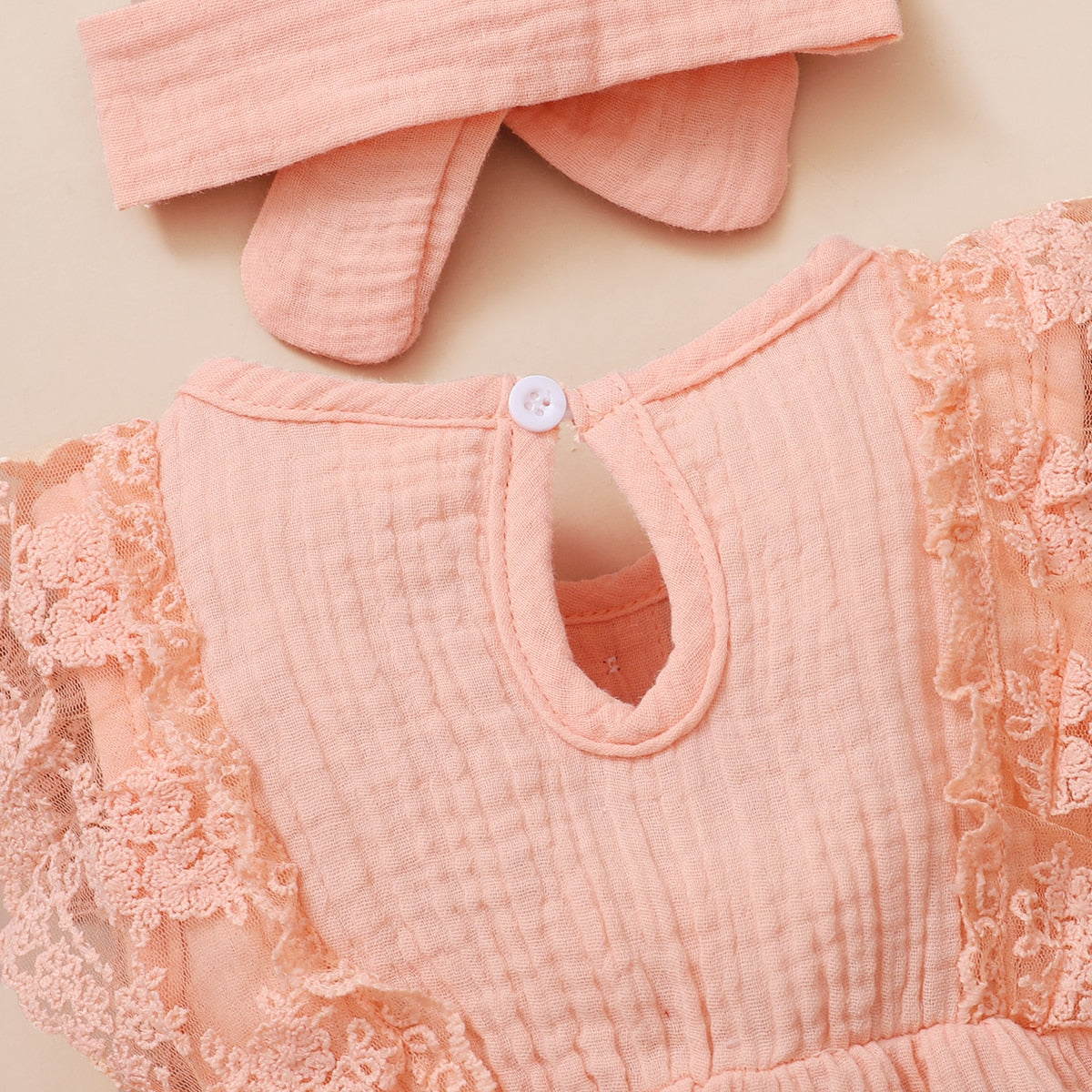 Newborn Baby Girl Plain Soft Lace Flared Sleeve Summer Bodysuit  with Headband - Pink