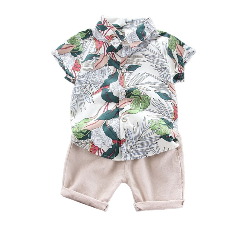 Summer Leisure Suits Boys Soft Tree Print T-shirt with Short Pants - White, Grey, Multicolored