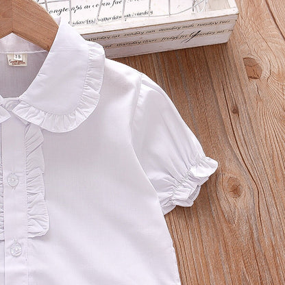 Сasual Blouse with Lace Lapels and Short Sleeves - White