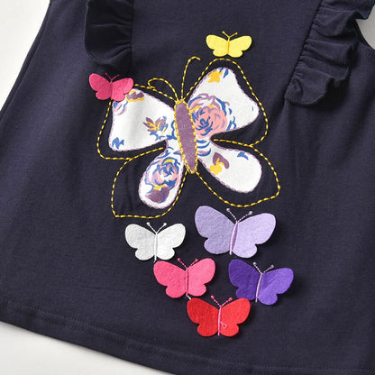 Girls Flower Print with Sequins and Flare Sleeve Cotton T-Shirt - Navy Blue