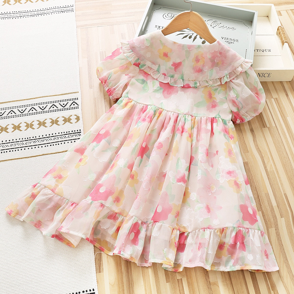 Fashion Baby Girl Short Sleeve Flower Print Summer Dress - White