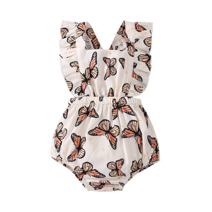 Baby Girl Butterfly Print Ruffle Trim Square Neck Crisscross Back Bodysuit - Beige
