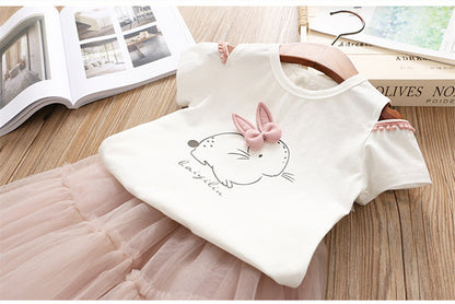 Summer Hollow out Short Sleeve Cartoon Rabbit 2 Pieces Set, T-Shirt+Skirt - White