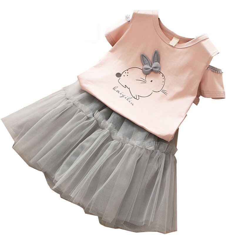 Summer Hollow out Short Sleeve Cartoon Rabbit 2 Pieces Set, T-Shirt+Skirt - Pink