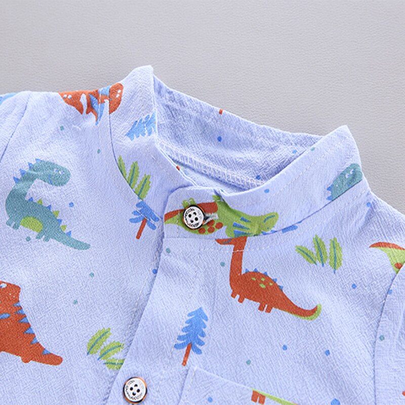 Summer Boys Cartoon Dinosaur Print Short Sleeve Outfit - Blue, Orange, Beige, White