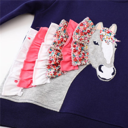 Girls Horse Applique Long Sleeve Cotton Sweatshirt - Navy