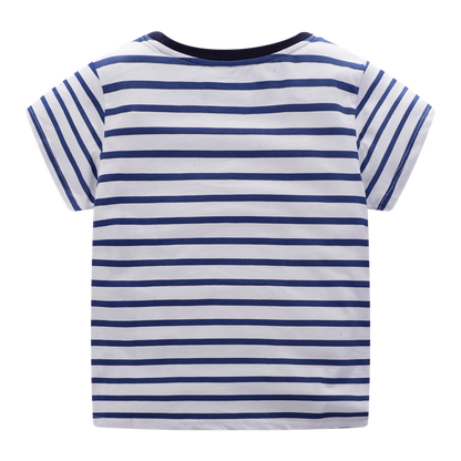 Girls Fashion Bee Printed Cotton T-shirt - White-Navy Striped