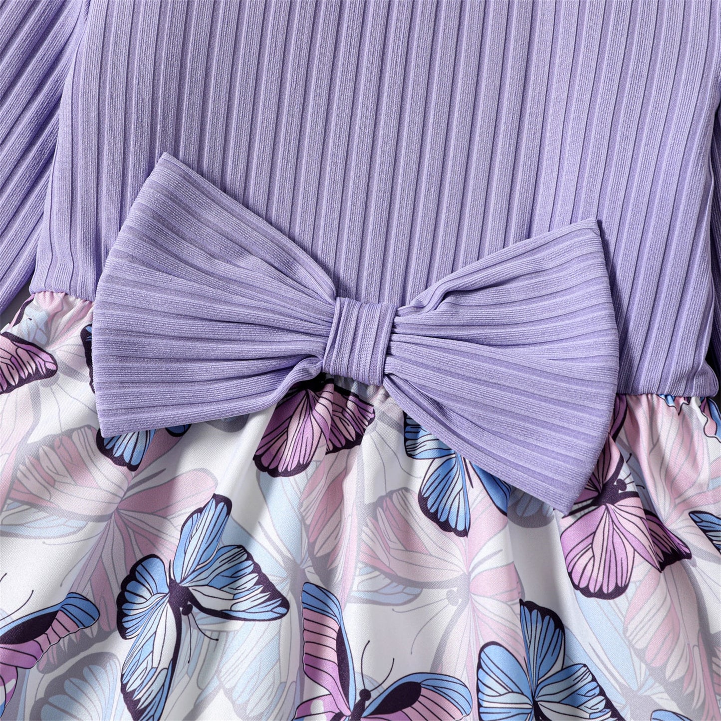 Ribbed Mesh Butterfly Print Long Sleeve Dress - Purple
