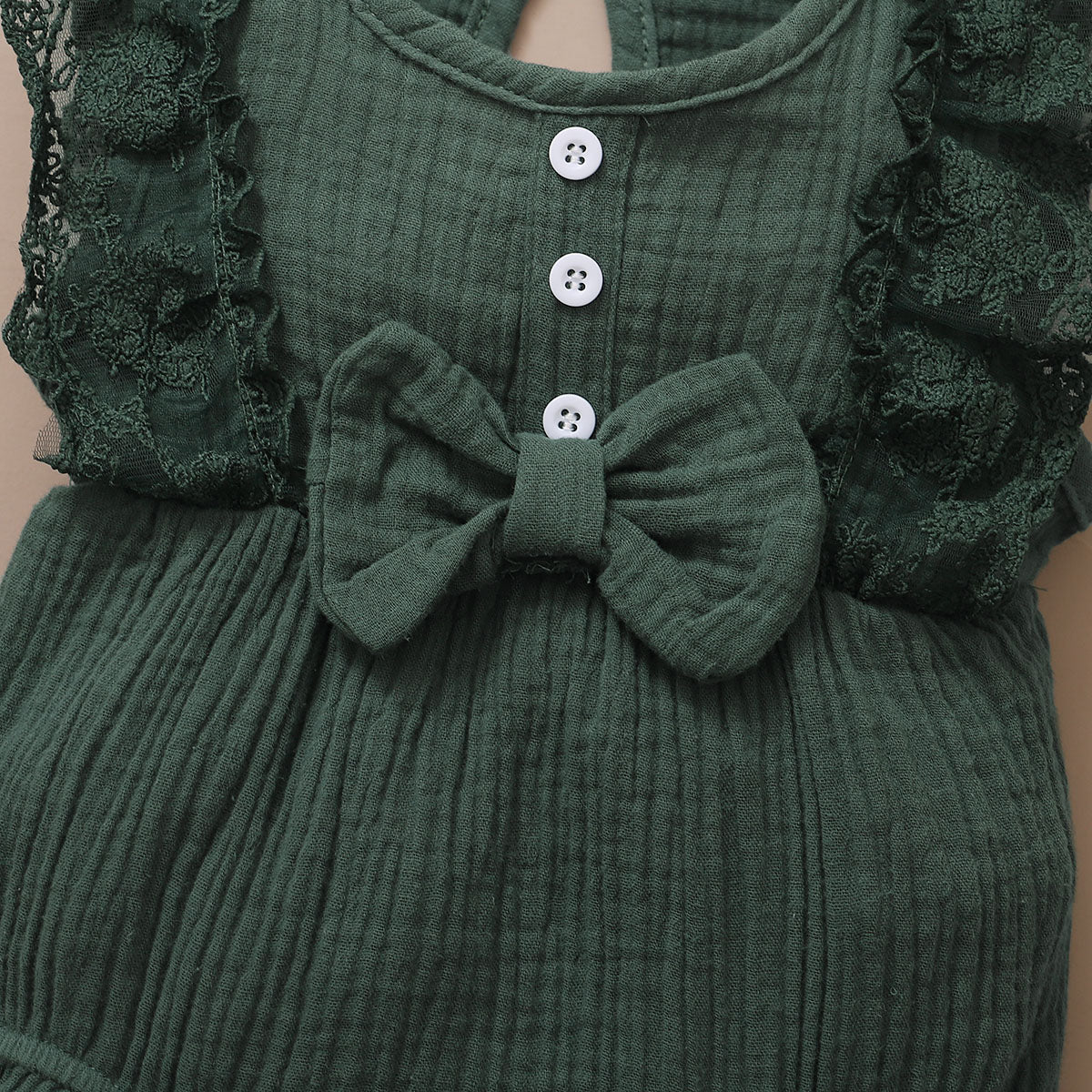 Newborn Baby Girl Plain Soft Lace Flared Sleeve Summer Bodysuit with Headband - Dark Green