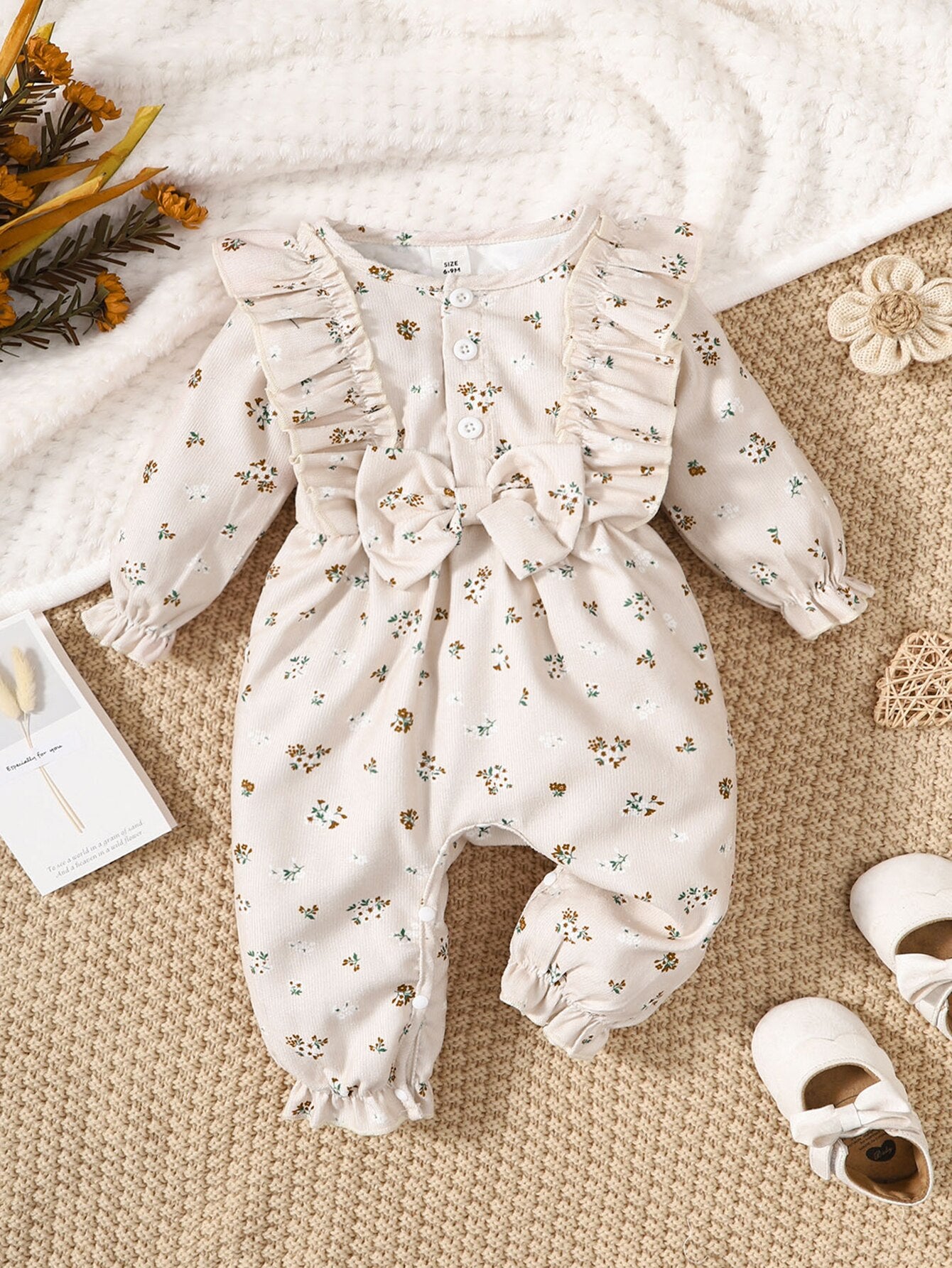 Baby Girl Cotton Blend Floral Print Long Sleeved Bodysuit - Cream