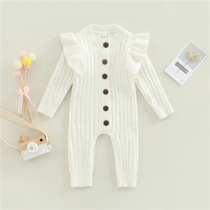 Cotton Knitted Baby Romper with Long Sleeves and Ruffles - White