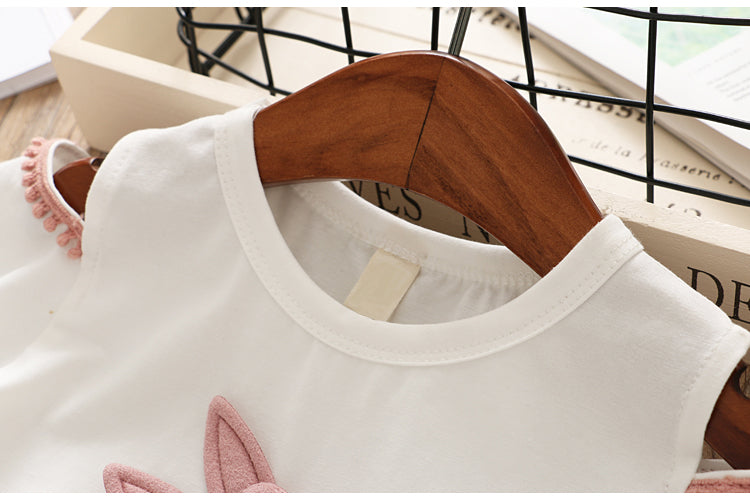 Summer Hollow out Short Sleeve Cartoon Rabbit 2 Pieces Set, T-Shirt+Skirt - White