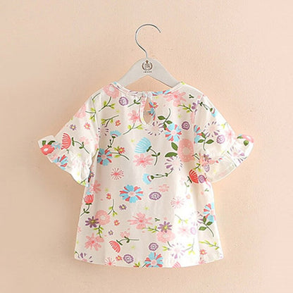 Baby Girl Flower Print Trumpet Flare Sleeve Summer T-Shirt - White