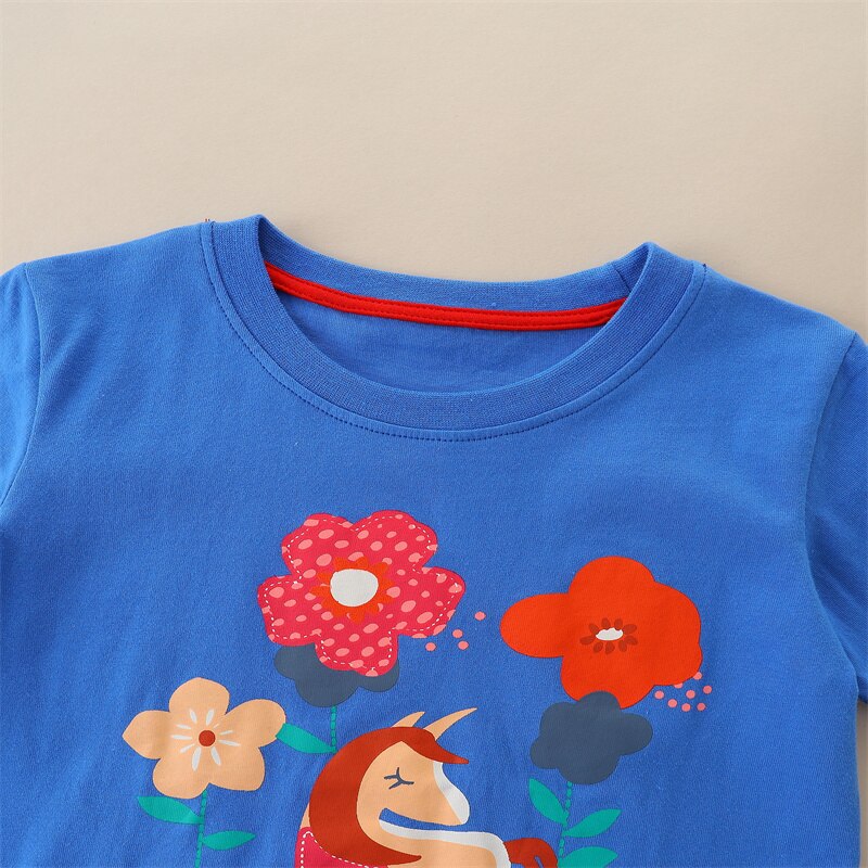 Short-Sleeved Cotton T-Shirt with Appliqué for Girls - Blue