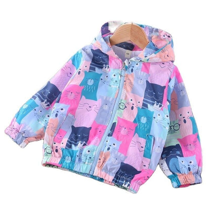 Kids Cartoon Color Cat Long Sleeve Zipper Fashion Jacket - Blue & Pink