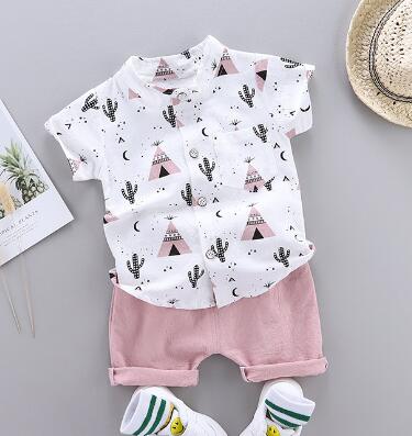 Baby Boy Cartoon Dinosaur Print Short Sleeve Outfit, Shirt and Pants - Pink