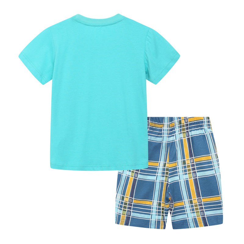 Summer Baby Boys Dinosaurs Print Clothing Cotton Set of 2 Pcs, Top + Shorts - Bright Blue