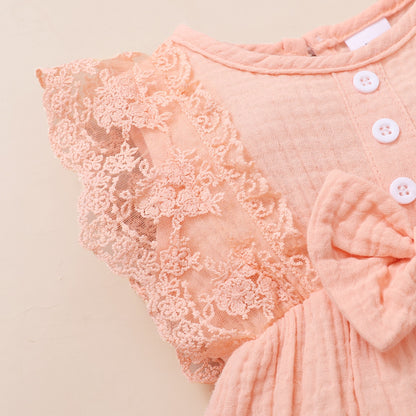 Newborn Baby Girl Plain Soft Lace Flared Sleeve Summer Bodysuit  with Headband - Pink