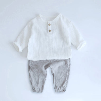 2pcs Baby Boy Muslin Organic Cotton Long Sleeve Outfit, T-shirt + Loose Pants - Grey, Beige, Blue, Green